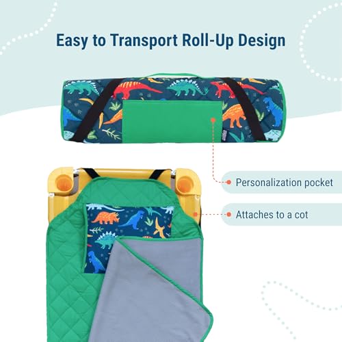 Image of Wildkin Modern Kids Nap Mat with Pillow for Boys - Cotton Blend, Elastic Straps, Toddler Sleep Mat for Daycare, Preschool, Kindergarten & Travel, Ages 3-7, Machine Washable - Jurassic Dinosaurs