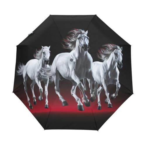 Parapluie Pliant Automatique Chevaux Blancs Art Noir Rouge Ultra-léger Protection UV