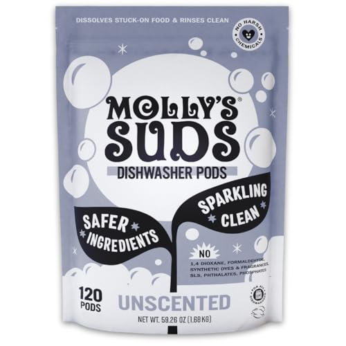 Molly's Suds Dishwasher Pods | Clean Dishwasher Detergent, Cuts Grease & Rinses Clean (Residue-Free) for Sparkling Dishes | 120 Auto-Release Tabs (Unscented)