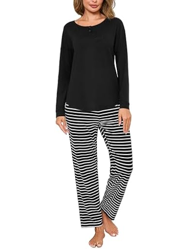 Crewhpo Pijama Mujer Invierno Conjunto de Pijamas Algodón Rayas Pijama Manga Larga Ropa de Dormir Cuello en V Camiseta y Pantalones Largo | Ya disponible en tu tienda friki favorita! En mundofriki.es!