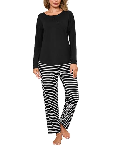 Crewhpo Pijama Mujer Invierno Conjunto de Pijamas Algodón Rayas