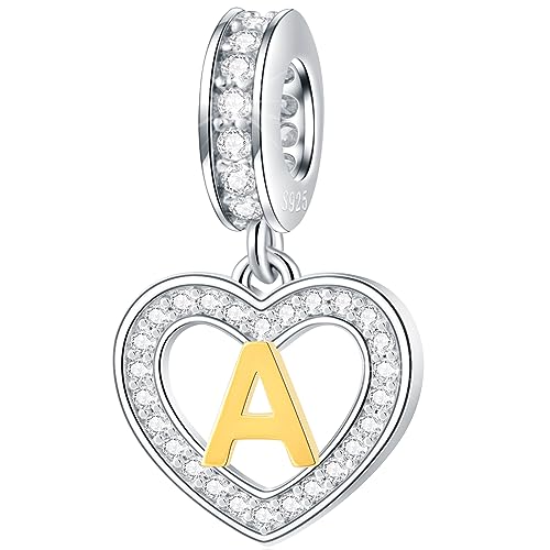 Image of GLOWDAS 18K Gold Plated Letter Charms Initial A to Z Necklace Pendant, 925 Sterling Silver CZ Heart Dangle Alphabet Beads fit European DIY Bracelet, Gifts for Valentiens /Christmas /Family