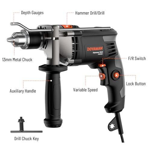 DOVAMAN PHD03B Hammer Drill, 850W Electric Impact Drill, Variable Speed 0–3000RPM, 13mm Metal Chuck, 360° Auxiliary Handle, Corded Drill Kit for Concrete, Wood, Steel, Bits & Carrying Case Included