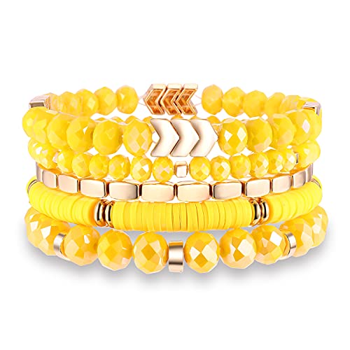 ANGLESJELL Beaded Stretch Bracelets for Women Multilayered Colorful Crystal Heishi Bead Bracelets Boho Stackable Strand Bracelet Set Summer Beach Surfer Bracelet Gifts