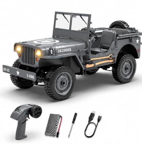Image of 1:12 Remote Control Willys Military Car, 2.4GHz 4WD Off Road RC Rock Crawler with Rechargeable Battery, LED Lights, All Terrain Remote Control Car for Kids & Adults (Multicolor)