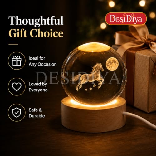 Image of Desidiya 3D Crystal Moon with Horse Night Light | Engraved Crystal Ball LED Night Light with Wooden Base, USB Powered | Romantic Home Decor & Valentine's Day Gift for Her, Him & Couples (Warm White)