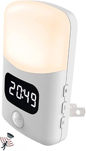 LUXON Luz nocturna LED con sensor de movimiento con reloj despertador digital enchufe en la pared de 4000 K blanco cálido sensor del atardecer al