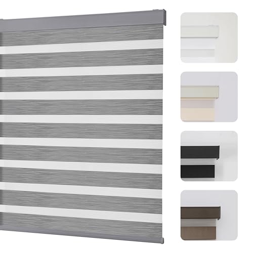 Joydeco Cordless Zebra Blinds for Windows, Dual Layer Light Control Window Blinds with Light-Proof Aluminum Cover, Free-Stop Roller Shades for Home & Office (Grey,18" W x 48" H)
