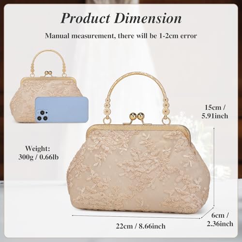 Image of UBORSE Vintage Embroidery Lace Floral Clutch Purse for Women Formal Evening Bag Kiss Lock Handbag for Wedding Cocktail Party | Vintage