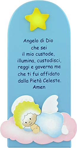 Ferrari & Arrighetti Quadretto per Bimbi, Quadro con Preghiera Angelo di Dio in Legno Colorato Azzurro da Appendere al Muro/Parete, Idea Regalo per Bambini, 28 x 12 Cm