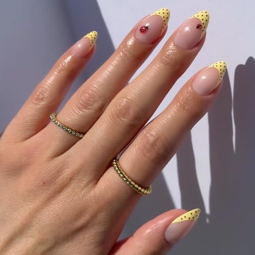 Glamnetic Press On Nails - Short Almond Fake Nails with Polka Dot French Tips & Ladybugs | Salon Quality Summer Nails | Lady Luck | 15 Sizes - 30 Nail Kit with Glue