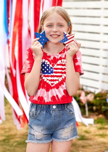 Image of BesserBay Kids Girls 4th of July Crop Tops American Flag Red White Blue Patriotic Bows USA Flag T-Shirts 6-14 Years