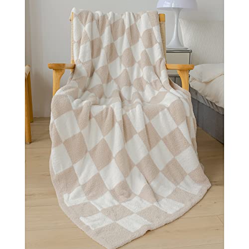 Ultra Soft Classic Checkerboard Chessboard Knitted Throw Blankets Fluffy Microfiber Lightweight Warm Cozy Bed Blankets Decor For Couch Sofa Bed (Cream, Throw 51"X63") #TOP4