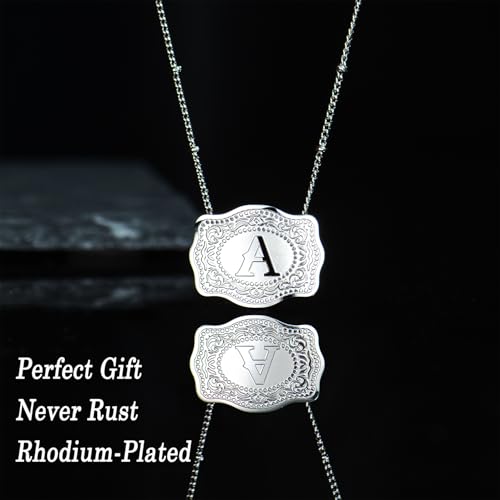 Rhodium-Plated Initial Letter Pendant Necklace with Embossed Belt Buckle, Western Cowgirl Initial Necklace for Women, Buy 1 Get 2 Chains, Personalized Jewelry Gift for Women and Men2