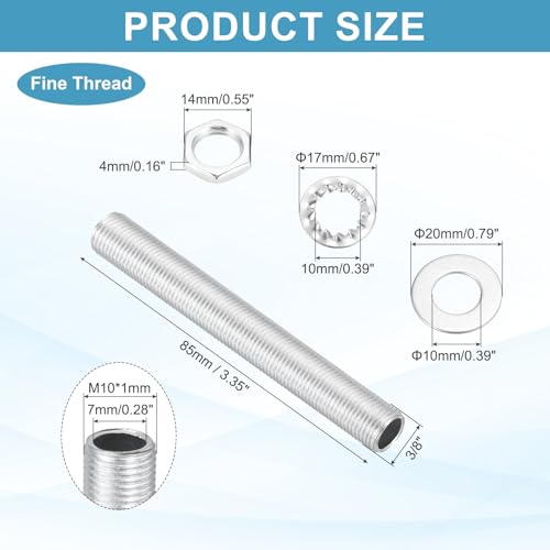 Image of MECCANIXITY 35Pcs 3.3 inch Lamp Pipe Nipples Kit with Hex Nuts Washers, M10 Fine Threaded Hollow Tube Repair Hardware Fasteners Assortment for Assembly Chandelier Ceiling Lamp DIY, Silver