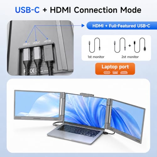 Image of AOC 14 inch Laptop Screen Extender, Triple Portable Monitor for 13 inch-17.3 inch Laptops, 1080P FHD IPS Display, HDMI /USB-C Cable Plug-Play, Laptop Monitor Extender for Mac /Windows (Gray)