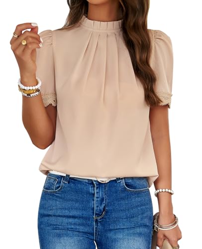 MYCOLORBLUE Chiffon Blusen Tuniken für Damen Elegant Falten Stehkragen Tops Puffärmeln T-Shirt Streetwear Blusenshirt Oberteile Khaki L MYCOLORBLUE Chiffon Blusen Tuniken für Damen Elegant Falten Stehkragen Tops Puffärmeln T-Shirt Streetwear Blusenshirt Oberteile Khaki L