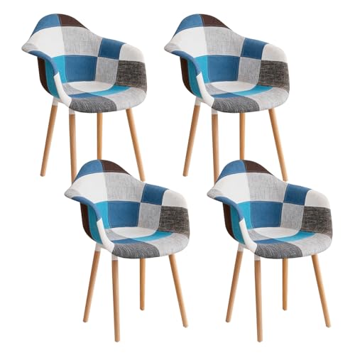 GrandCA HOME Lot de 4 Chaises de Salle à Manger Modernes, Style Patchwork Nordique avec Accoudoirs, Pieds en Hêtre, Idéales pour la Cuisine, Le Salon, la...