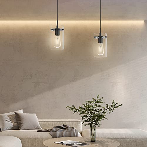 Doraimy Lighting Adjustable Length 2-Pack 1 Light Indoor Mini Hanging Kitchen Island Pendant Lamps,Black Finish With Clear Glass Chandelier Shade For Bar, Dining Room #TOP3