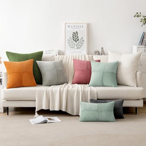 Image of MIULEE Greyish Green Decorative Throw Pillow Covers 18x18 Inch for Couch Bed Sofa Pack of 2 Boho Farmhouse Throw Pillows Soft Cross Corduroy Patchwork Textured Cushion Cases