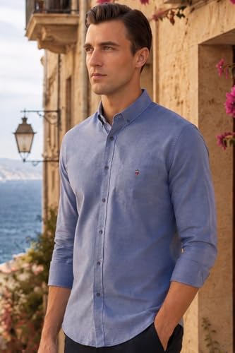 Image of Louis Philippe Men's Slim Fit Signature Oxford Easy Care, Natural Stretch Full Sleeve Solid Casual Shirt, Cotton