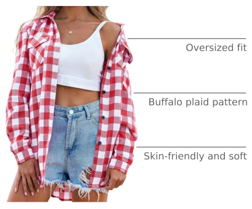 Zeagoo Womens Plaid Flannel Shirt, Roll up Long Sleeve Checkered Cotton Shirt,Watermelon Red,Medium - image 4