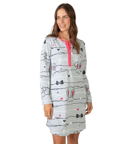 MASSANA Camisón de Invierno para Mujer L757224, Gris con Estampado de Conejitos, Algodón y Poliéster, Manga Larga, Botones Decorativos, para Dormir (Gris, L)