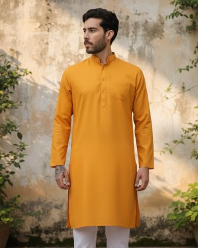 Image of Men's Cotton Blend Blend Knee Length Solid Color Style Stright Long Mandrin Collor Ethnic Casual Wear Kurta Only