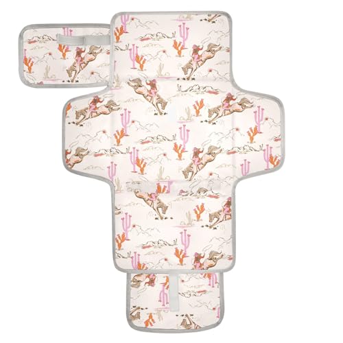 Portable Changing Pad for Baby - Cute Rodeo Cowgirl Waterproof Diaper Changing Mat Travel Changing Pad with Built-in Pillow - Shower Gift for Baby