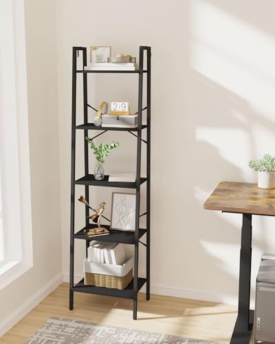 Image of Hzuaneri 5-Tier Ladder Shelf, Bookshelf Bookcase, Freestanding Corner Storage Shelve with 2 Hooks for Home Office, Living Room, Kitchen, Bedroom, Industrial, Black BC19204B