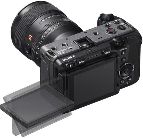 Sony FX3 Full-Frame Cinema Camera top-rear view with articulated LCD screen and lens