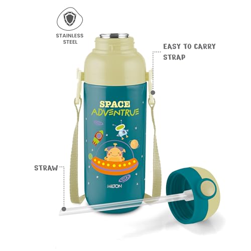 Image of Milton Steel Indus 600 Thermoware PU Insulated, 500 ml Water Bottle with Straw for Kids, Leak Proof Flip Top Sipper Lid Bottle, School, Picnic, Easy to Carry Belt, Dark Green