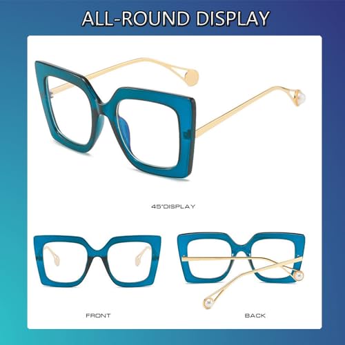 Image of Oversized Square Blue Light Blocking Glasses for Women Thick Fashion Pearl Inlay Arm Eyewear Computer Eyeglasses