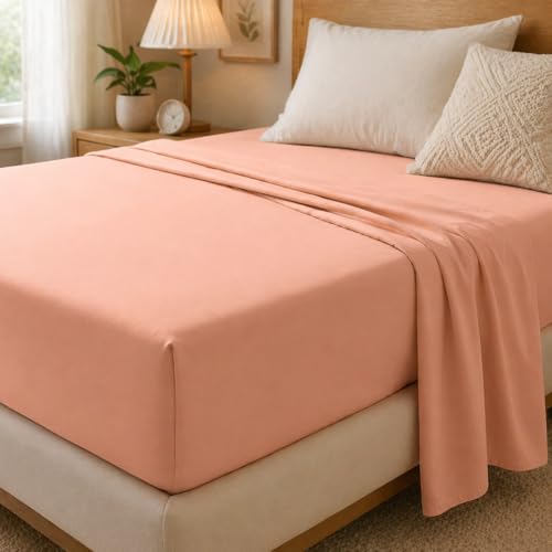 Image of King Size Bed Sheet - 600 Thread Count Single Flat Sheet Only - Long Staple Egyptian Cotton Top Sheet Wrinkle & Fade Resistant - Peach