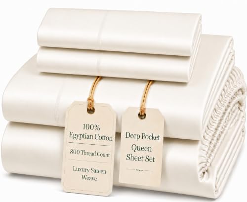 Image of Egyptian Cotton Sheets Queen Size Bed Set, 800TC Bed Sheets - Coconut Milk | 15 inch Deep Pocket Hotel Luxury Queen Size Sheets Set, OEKO-TEX Certified Soft Sateen Weave, Breathable & Cooling Sheets Queen