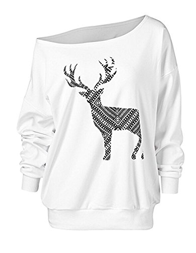 Women Off Shoulder Oversized Sweatshirt Christmas Pullovers Tops with Plus Size (S, White)