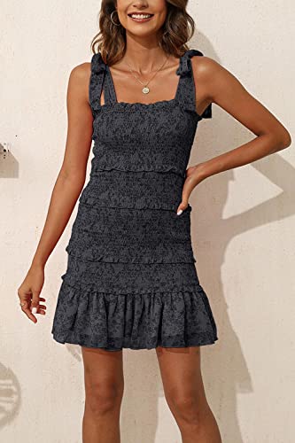 Fazortev Womens Summer Ruffle Smocked Mini Dress Sleeveless Floral Print Tiered Tie Slim Fit Short Dresses - Image 3