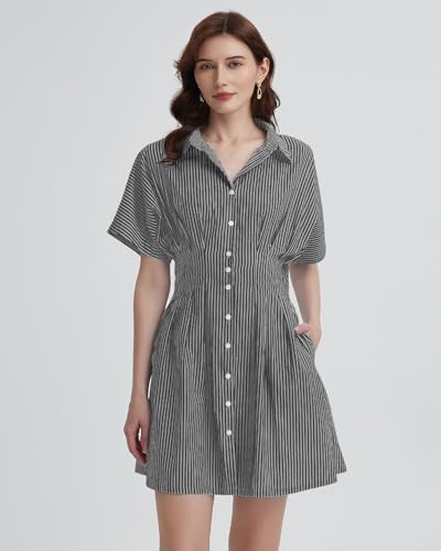 Women's Button Down Pleated Shirt Dress Short Sleeve Corset Waist Striped Summer Causal Mini Dresses2