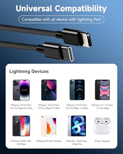 Image of iPhone Charger Lightning Cable 6FT 2Pack,[Apple MFi Certified]USB C to Lightning Cable Cord Black,Nylon Braided iPhone Fast Charger Charging Cord for iphone 14 13 12 11 Pro Max X 8 7 6 SE,iPad Air /Pro