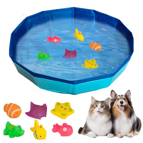 Katzen Pool 50x10cm, Faltbare Katzenpool mit 6 Fischen, Mini Pool für Katzen Hunde, Swimmingpool Welpe, Planschbecken für Katze Hundebadewanne, Minipool Hund für Sommer (B)