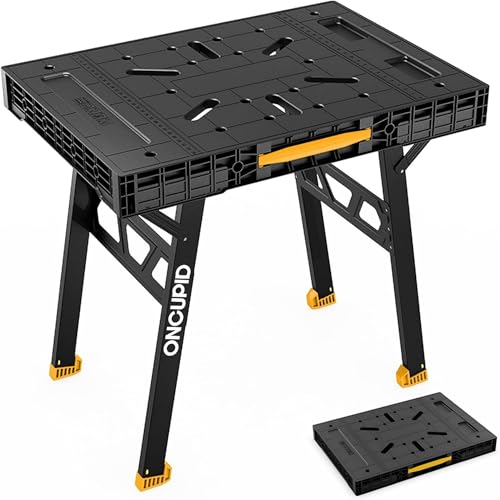 Express Folding Work Table Easy Setup Portable Folding Work Table & Portable Folding Workbench 34 W x 25 D x 31 H Lightweight Versatile Clamping Worktable for Garage/Wood Shop (Yellow)