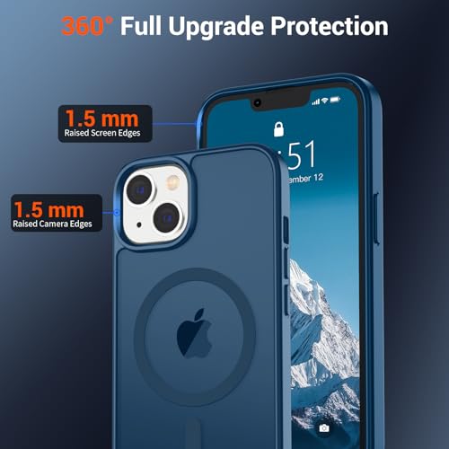 Image of SUPFINE Magnetic for iPhone 14 Case & iPhone 13 Case with Screen Protector (Compatible with MagSafe) (Military Grade Drop Protection) Translucent Matte Shockproof Phone Cover,Deep Blue