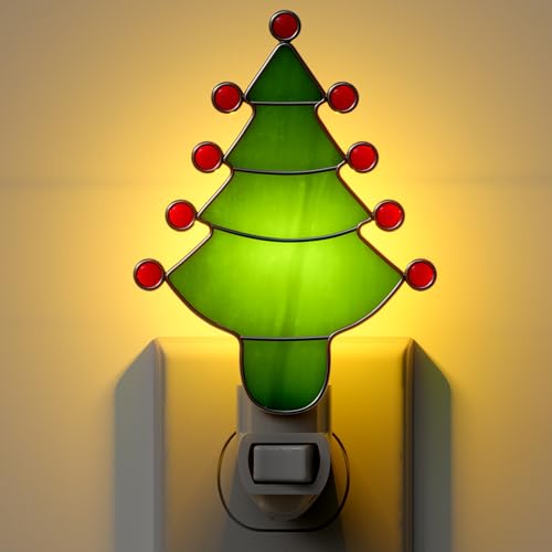Image of Stained Glass Christmas Tree Night Light Plug into Wall for Home | Stained Glass Chrome Pretty Night Lights Plug in,7W Warm Light Decorative Accent Nightlight Gift for Grandkids Christmas