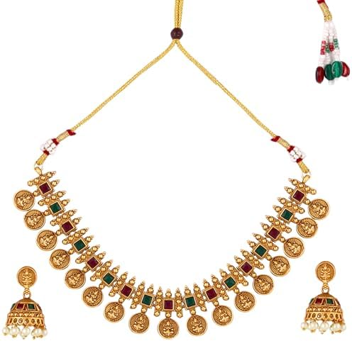 Fashion Frill Necklace Set For Women | Pearls jewellery set for Women | Gold plated Jewellery Set | Temple jewellery set for Womens Traditional