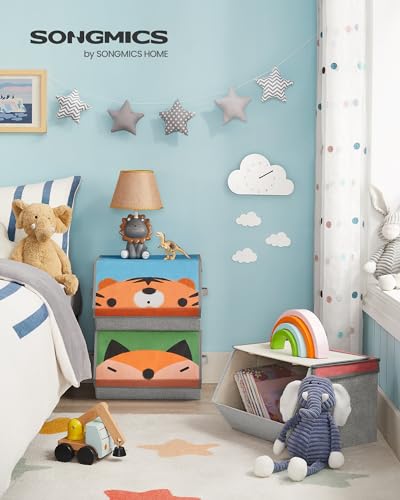 SONGMICS Aufbewahrungsboxen, 3er Set, Faltboxen, Stoffboxen mit Griffen, Organizer, magnetischer Deckel, für Kinderzimmer, Spielzimmer, Tier-Motive, rosa, blau, grün und grau RFB760P03