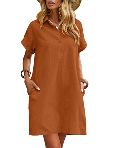 Image of Zeagoo Womens Cotton Shirt Dress Summer Casual Short Sleeve Button Down Beach Cover Up Shirts with Pockets