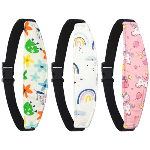 ZHOMA 3 Pcs Baby Head Support for Car Seat, Adjustable Band Strap for Stroller, Soft Neck Relief Slumber Sling for Toddler Infants Children and Kids, Sleep and Travel Protection Headrest Belt-Unicorn