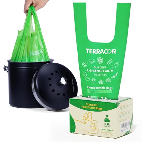 TERRACOR 1.6 Gallon Compostable Food Scrap Bags Handle Tie for Kitchen Countertop Bin, 6 Liter Small Compost Bags, 50 Count, BPI Certified and Meet The ASTM D6400 Standard
