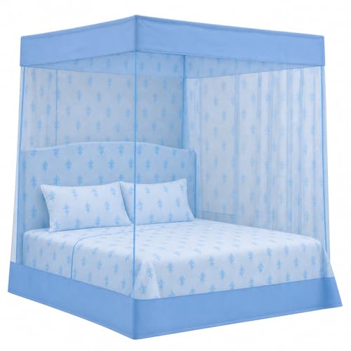 Image of ANS Floral Mosquito Net for Bed with Cotton Border | King Size 7 x 7 ft | Breathable Free Air Flow Mesh | Hanging Bed Net for Mosquito Protection (Sky Blue)
