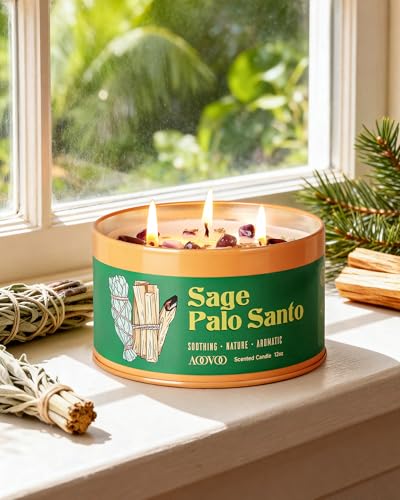 Image of AOOVOO 2 Pack Sage & Palo Santo Candles for Cleansing - 3 Wick 12oz Large Scented Candle with Amethyst Crystals, Sage & Palo Santo Inside, Non-Toxic Soy Candles for Meditation Spiritual Healing Gift